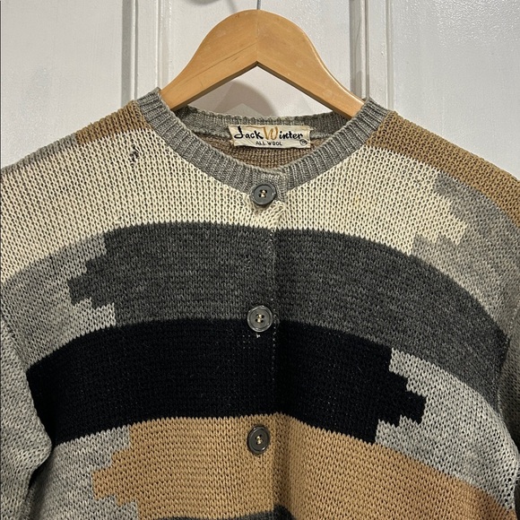 Vintage 60's 70's Jack Winter Wool Geometric Print Cardigan Sweater - Size 38/8 - Picture 3 of 7